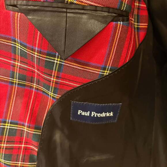 Paul Fredrick Red Black Plaid Wool Tailored Fit Notch Lapel Sport Coat - Picture 7 of 10